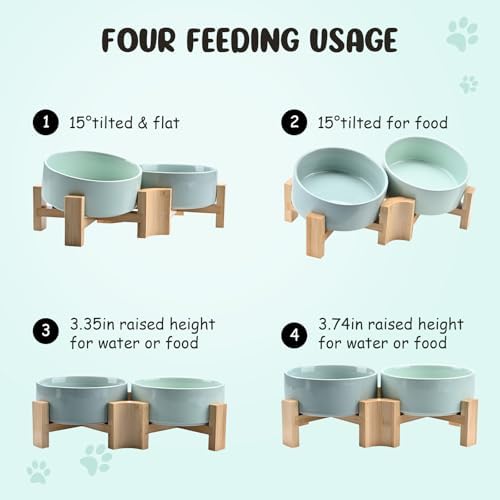 SPUNKYJUNKY 15° Slanted Ceramic Dog and Cat Bowl with Wooden Stand, Tilted Bulldog Food and Water Bowl No Slip Non-Spill for Cats Medium Dogs Big Face Pets 13.5 OZ (1.7 Cups, Morandi Green × 2) - Image 3