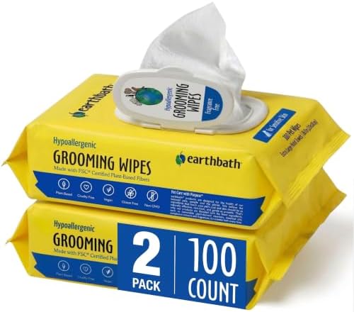 earthbath Hypo-Allergenic Grooming Wipes, Made in USA, 100 Count (2 Pack) by earthbath