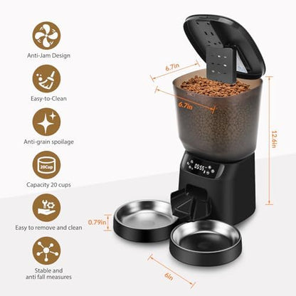 Automatic Cat Feeders for Two Cats, 5L/20 Cups Double Automatic Cat Food Dispenser with 2 Stainless Bowls, Timer Setting 20 Portions 6 Meals Per Day, 10s Meal Call (Black) - Image 7