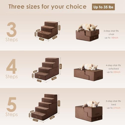 EHEYCIGA Dog Stairs for Small Dogs 13.5" H, 3-Step Dog Steps for Cats, Brown - Image 2