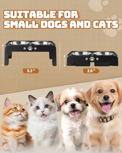 Jovrun Elevated Dog Bowls for Small Dogs and Cats, Non-Slip Cat Bowls with 2 Thick 5.5" Stainless Steel Dishes, Dog Feeder 2 Heights Adjustable to 2.6"-5.3" - Image 2
