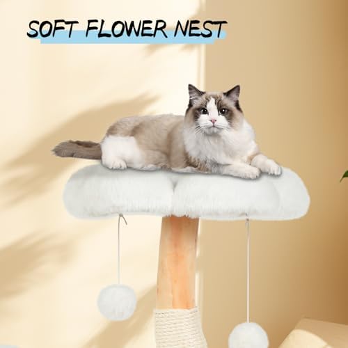 Cute Cat Tree Tower for Indoor Cats Adult, Wood Flower Cat Trees with 6 Pompoms, Modern Cat Tree Tower with Scratching Post, Aesthetic Luxury Cat Condo for Cats Kitten, Ivory - Image 4