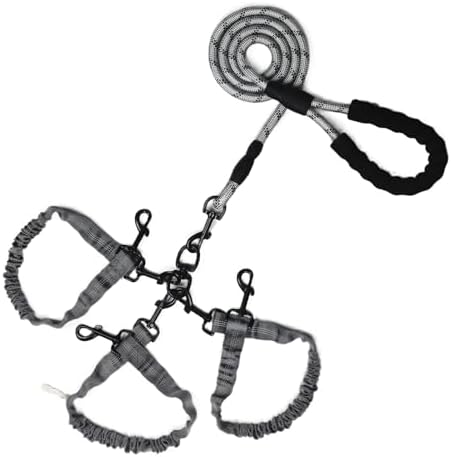 Dog Double Leashes,Rope Bungee Three Leash with Padded Handle Removable for 3 Dogs,Tangle-Free, Padded Handles, 360° Swivel Control (Gray, 3 Way) by Y-ANNJYA