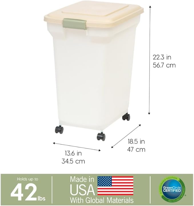 IRIS USA Airtight Dog Food Storage Container, WeatherPro, Up to 40 lbs, Removable Wheels, for Dog Cat Bird and Other Pet Food Storage Bin, Keep Fresh, Translucent Body, Made in USA, Pearl/Almond