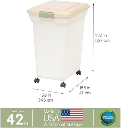 IRIS USA Airtight Dog Food Storage Container, WeatherPro, Up to 40 lbs, Removable Wheels, for Dog Cat Bird and Other Pet Food Storage Bin, Keep Fresh, Translucent Body, Made in USA, Pearl/Almond