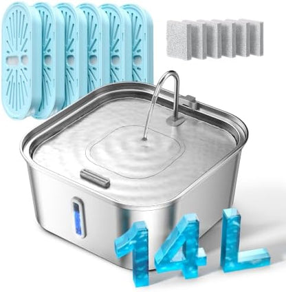 Large Dog Water Fountain 14L/3.7Gal, Stainless Steel Pet Fountain for Large Dogs and Multi-Pets Families, Visible Window & Extra Wide Drinking Area, Enlarges Capacity & Saves Space (with 7pcs Filters) by MAILOFY
