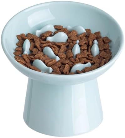 Ceramic Elevated Slow Feeder Cat Bowl - 6" Raised Cat Food Bowl for Bloat Relief & Anti-Vomiting, Whisker Friendly Ceramic Cat Slow Feeder for Indoor Cats, Kittens, Puppies - Azure(1pc) by KITCHENLESTARaddsmorebeautifulcolourstoyourlife