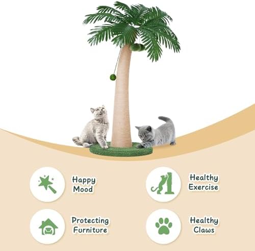 43.3inch Palm Tree Shape Style Sisal Cat Tree Scratching Post Cats, Wear Resistant Cat Claw Scratcher with Plush Stable Base & Hanging Toy Ball, Green - Image 5