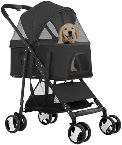 FDW 4-Wheels Multi-Function Dog Stroller Jogger with Detachable Carrier, Lightweight Travel Stroller for Small & Medium Pets, Black by FDW