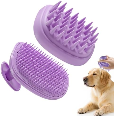2-in-1 Dog Bath Brush for Grooming & Massage - Pet Silicone Brush for Long & Short Haired Dogs and Cats, Dog Scrubber for Bath, Rubber Curry Brush, Use Wet as Bath Brush or Dry for Grooming-Purple by Unknown