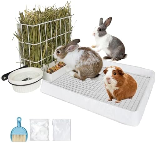BESNEW 3 in 1 Rabbit Hay Feeder with Litter Box,Upgraded Metal Hay Rack & Litter Tray & Water Bowl,Quick Cleaning,Easy to Install,Bunny Supplies for Rabbit Guinea Pig Chinchilla Small Animals by BESNEW