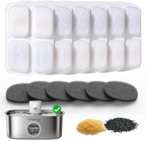 6 Pack Cordless Dog Water Replacement Filters & 6 Packs Pump Filters Sponges Compatible with Battery Operated Stainless Steel 8L Dog Water Fountain (FN-W18) by FEELNEEDY