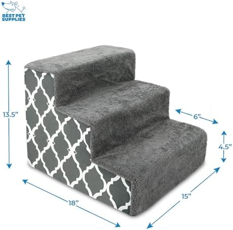 Best Pet Supplies Dog Stairs & Steps - Foam Steps for Small Dogs & Cats, Non-Slip Indoor Balanced Pet Step Support, Dog Ramp, No Assembly, Gray Lattice Print, 3-Step (13.5-inch Height) - Image 2