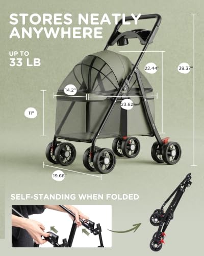 GTPLAYER Foldable Pet Stroller for Small Dogs and Cats, Hold Up to 33 lb, 4-Wheel Stroller with 2 Safety Tethers, Breathable Mesh, Lockable Front Wheels, Cup Holder/Tray & Storage Pocket, Forest Green - Image 2