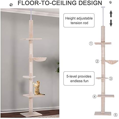 PawHut 102" Adjustable Height Floor to Ceiling Cat Tree, 5 Level Beige - Image 4