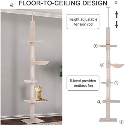 PawHut 102" Adjustable Height Floor to Ceiling Cat Tree, 5 Level Beige - Image 4