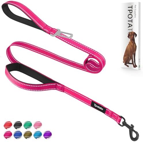 6 Foot Fuchsia Dog Leashes for Large Medium and Small Breed Dogs That Pull,Reflective Nylon Heavy Duty Dog Leash with 2 Comfortable Padded Traffic Handles and Car Seat Belt for Walking and Training by Tpotato