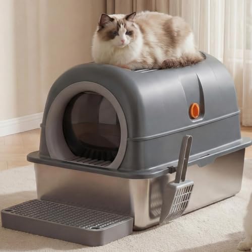 OLIXIS Stainless Steel Enclosed Litter Box with Lid, High Sided by OLIXIS