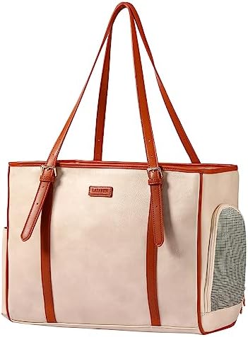 Lasaviin Fashion Dog Purse Pet Carrier Leather Bag for Small Dogs Cats Puppy, Portable Tote Bag Airline Approved Soft-Sided Carriers (Beign) by StylishConfidentElegant