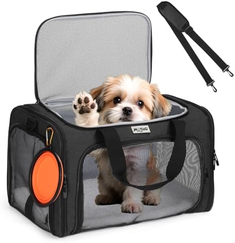 Pet Carrier for Cats & Small Dogs, Travel Carrier with Anti-Collapse Support, Chew Resistant Buckles, Luggage Sleeve, Multi-Pocket Storage, Reversible Mat & Bowl (Black, Medium (17.5"x11"x11.5")) - Image 2