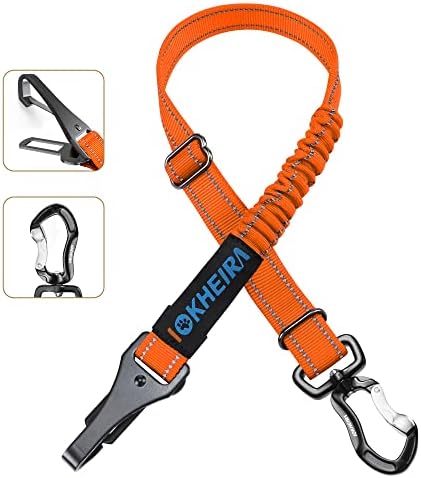 IOKHEIRA Orange Dog Seatbelt - Adjustable Reflective Bungee Harness with Aluminum Swivel Carabiner by IOKHEIRA