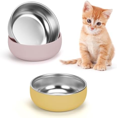 Kitten Food Bowls 2 Pack, Stainless Steel Cat Food and Water Bowl Set with Anti-Slip Silicone Bottom, 5 '' Wide Thick & Heavy Duty Metal Pet Bowls for Indoor Cats by YECERCAN