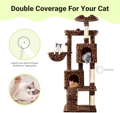 Allewie 64 Inches Cat Tree Tower/Multi-Level Activity Center for Indoor Big Felines/2 Plush Condos/2 Perchs/Basket/House/Sisal Scratching Posts/Hanging Cat Toys/Leopard Print - Image 7