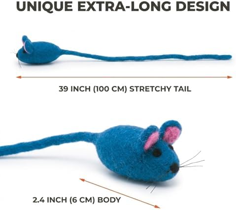 Glaciart One Felt Mouse Cat Toy – Soft Fuzzy Enrichment 100% Natural Wool - Interactive Catnip Play Cat Toy Set - Safe for Pets, Non-AZO Colored Dyes - 42” Long - Image 2