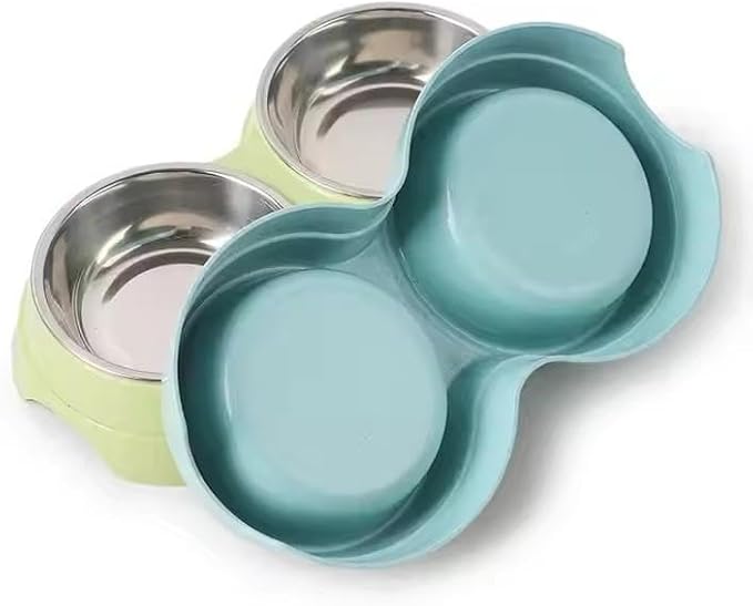 Dog Bowls Double Dog Water and Food Bowl Stainless Steel with Anti-Tip Base, Food and Water Set for Small Medium Pets (Green)