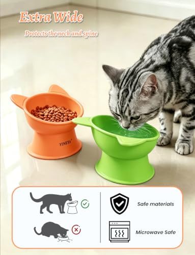 YINEYA Elevated Cat Bowls 2 Pcs, Cat Food Bowl to Protect Neck & Anti-Vomit, Whisker-Friendly Raised Food and Water Bowls Set for Indoor Cats/Small Dogs, Cute Pet Feeding Bowl 6 OZ Each, Orange&Green - Image 3