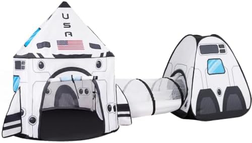 JOYIN White Rocket Ship Pop up Play Tent with Tunnel and Playhouse Kids Indoor Outdoor Spaceship Tent Set by JOYIN
