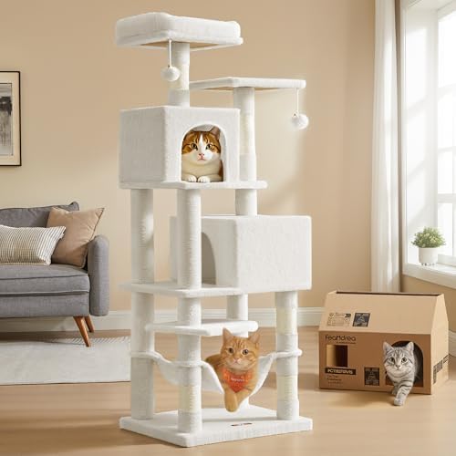 Feandrea Cat Tree, 59.5-Inch Tall Cat Tower, Multi-Level Condo, Cream White by FeandreabySONGMICSHOME