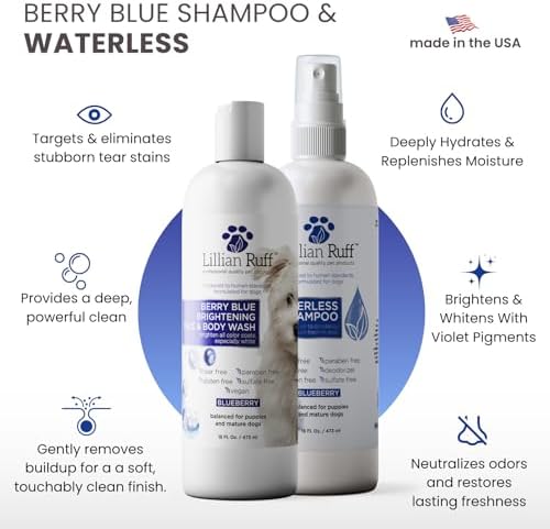 Lillian Ruff PRO Formula Berry Blue Brightening Dog Shampoo + Blueberry Waterless Dog Shampoo - Professional Whitening, Tear Stain Remover & No-Rinse Hydrating Odor Control, Aloe+Coconut Oil, USA Made - Image 2