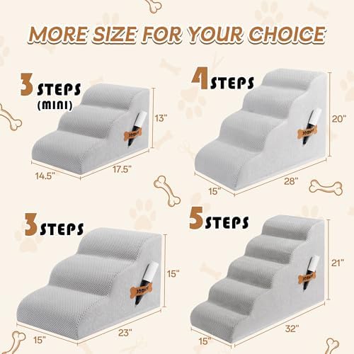 Romrol Dog Stairs Ramp for Beds Couches, Extra Wide Pet Steps with Durable Non-Slip Waterproof Fabric Cover, Dog Slope Stairs for Small Dogs and Cats or Pets Friendly, 3-Tiers, 13 Inch,Light Grey - Image 2