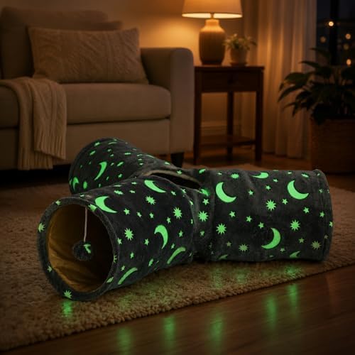 Cat Tube Tunnel with Plush Ball Toys Collapsible Self-Luminous, for Cat Small Pets Bunny Rabbits, Kittens, Ferrets,Puppy and Dogs Grey Moon Star 3 Way by MAKEPETLUCKY-WelcometoCatTunnelClub