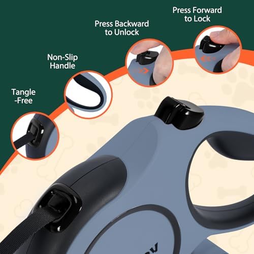 Retractable Dog Leash, 16ft Heavy Duty Retractable Pet Leash with Poop Bag Holder, 360° Tangle-Free for Small Medium Large Dogs Up to 66lbs, Anti-Slip Handle, One-Handed Brake Pause Lock（Gray） - Image 6