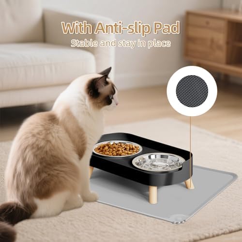 Elevated Cat Bowl with Food Mat, Raised Cat Food and Water Bowl Set for Indoor Cats, Splash Proof with 2 Stainless Steel Pet Food Bowls for Cats and Puppies,Whisker Fatigue and Dishwasher Safe (Black) - Image 5