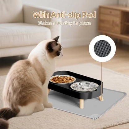 Elevated Cat Bowl with Food Mat, Raised Cat Food and Water Bowl Set for Indoor Cats, Splash Proof with 2 Stainless Steel Pet Food Bowls for Cats and Puppies,Whisker Fatigue and Dishwasher Safe (Black) - Image 5