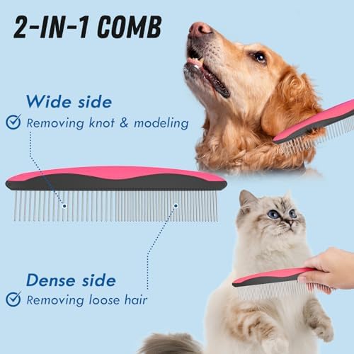 Docrok Pet Grooming Brush and Metal Comb Combo for Dogs & Cats, Pink - Image 3