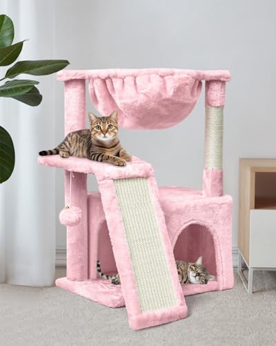 SYANDLVY Cat Tree for Indoor Cats Large Adults, Modern Activity Tower with Scratching Posts & Board, Condo with Plush Perch, Climbing Stand with Cradle & Hanging Ball for Play, Pink - Image 5