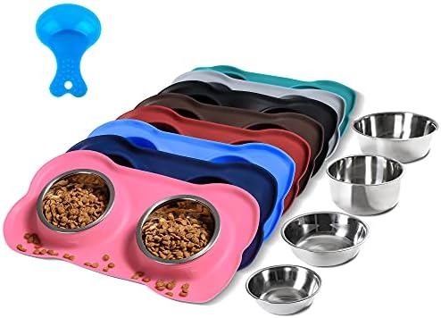 Hubulk Pet Dog Bowls 2 Stainless Steel Dog Bowl with No Spill Non-Skid Silicone Mat + Pet Food Scoop Water and Food Feeder Bowls for Feeding Small Medium Large Dogs Cats Puppies (Large, Pink) by Hubulk