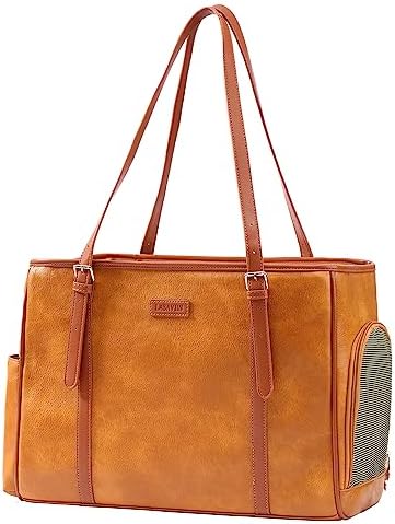 Lasaviin Fashion Dog Purse Pet Carrier Leather Bag for Small Dogs Cats Puppy, Portable Tote Bag Airline Approved Soft-Sided Carriers (Brown) by StylishConfidentElegant