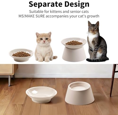 MS!MAKE SURE Cat Food Bowls Elevated - Ceramic Cat Water Bowls Whisker Friendly with Stand Tilted Non Slip Flat Detachable Anti Vomiting for Indoor Cats White - Image 5