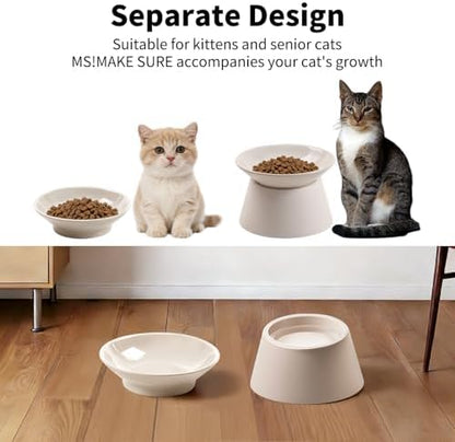 MS!MAKE SURE Cat Food Bowls Elevated - Ceramic Cat Water Bowls Whisker Friendly with Stand Tilted Non Slip Flat Detachable Anti Vomiting for Indoor Cats White - Image 5