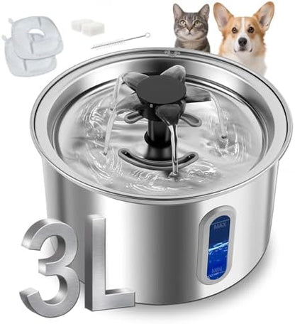 3L/101oz Stainless Steel Cat Water Fountain for Indoor Use - Ultra Quiet Automatic Cat Fountain for Drinking, BPA-Free Pet Water Dispenser for Cats/Small Dogs LED Window (2 Filters 2 Sponges) by Unknown