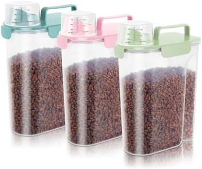 10-20Lbs Portable Cat Dog Food Storage Container with Upgraded Large Spout and Cup Dispenser for Small Large Animal Kibble, Pet Bird Snack, Oatmeal, Rice, Flour, Brown Sugart-3 Pack Pink Blue Green by LEAWALK