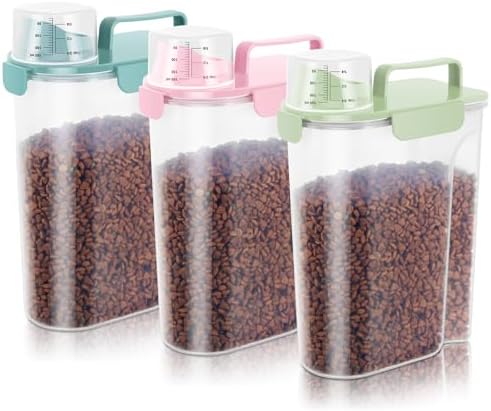 10-20Lbs Portable Cat Dog Food Storage Container with Upgraded Large Spout and Cup Dispenser for Small Large Animal Kibble, Pet Bird Snack, Oatmeal, Rice, Flour, Brown Sugart-3 Pack Pink Blue Green by LEAWALK