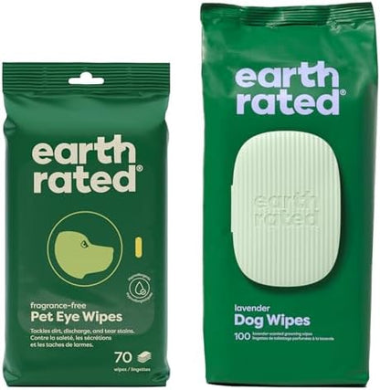 Earth Rated Ear Wipes & Grooming Wipes Bundle - Includes 70 Fragrance-Free Pet Ear Wipes and 100 Lavender-Scented Grooming Wipes. by EarthRated