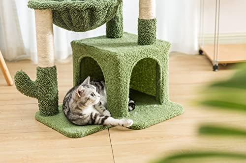 Pesofer Cactus Cat Tree, Small Cat Tower with Sisal Scratching Post and Hammock Green - Image 6