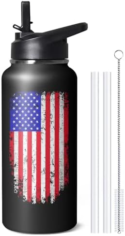 32oz American Flag Stainless Insulated Aater Water Bottle with Straw, American Flag Gym Hiking Sports Coffee Mug Cup Water Bottles,Patriotic Military Gifts For Veterans, Police by Unknown